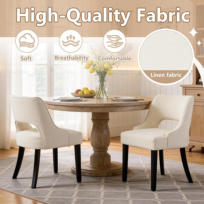 ClinQ Wooden Dining Chairs Set of 2, Modern Fabric Upholstered Kitchen Chairs Dining Chair, Mid Century Modern Chair for Dining Room, Farmhouse Kitchen Chairs for Kitchen Dining Room, Beige-Black Legs
