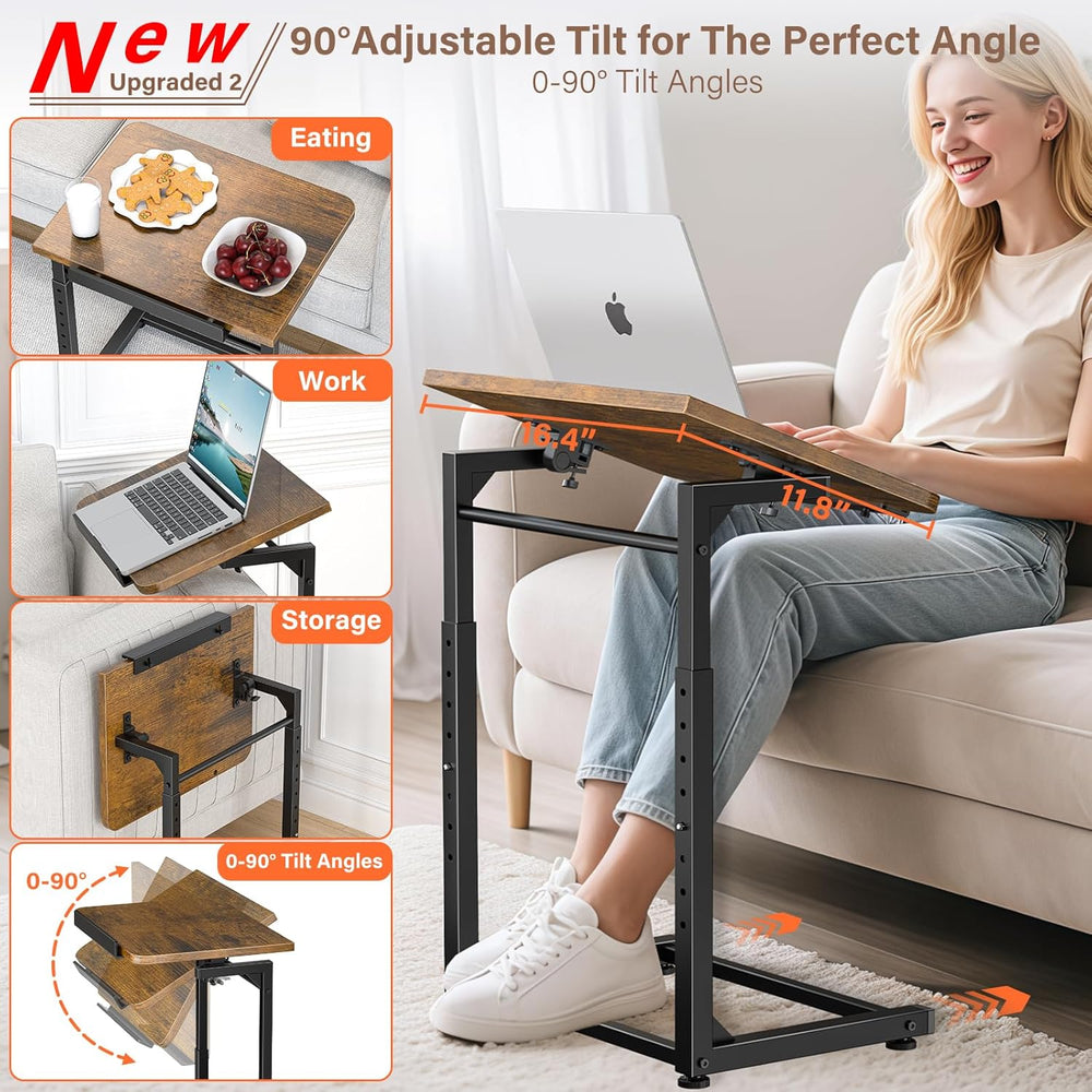 Tv Tray Table Set of 2, 8-Level Adjustable Height Couch Side Table，90° Tilt A...