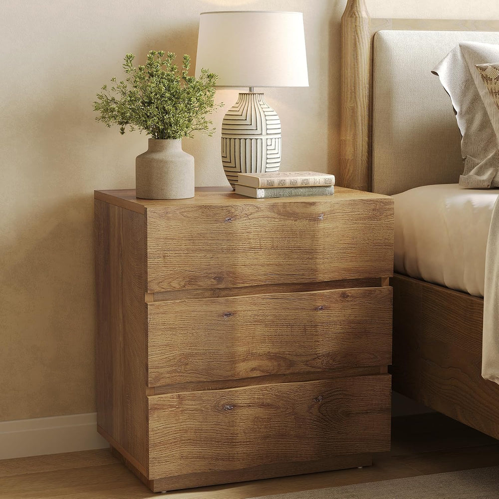 LITTLE TREE End Table with 3 Drawers, Fluted Nightstand, Farmhouse Bedside Ta...