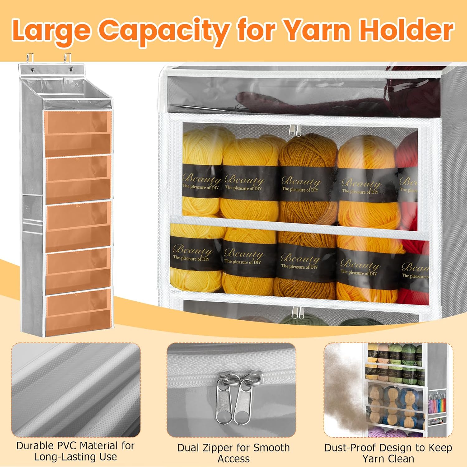 Yarn Storage Organizer, Grey Yarn Holder Over the Door Hanging Crochet Kit Storage with 5 Zippered Compartments, Large Capacity Sewing Organizer Gifts for Knitters Needles Crochet Hooks