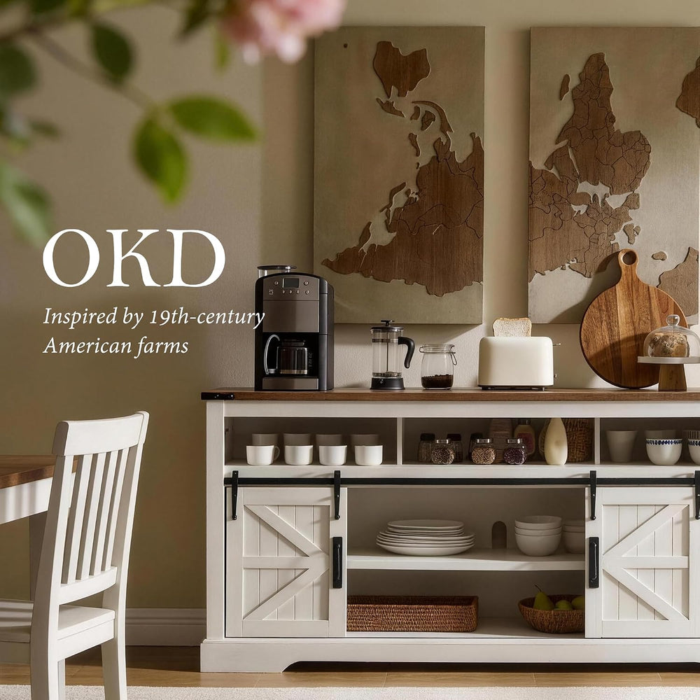 OKD 70" Farmhouse Buffet Cabinet w/Sliding Barn Door, Antique White | 2 ...