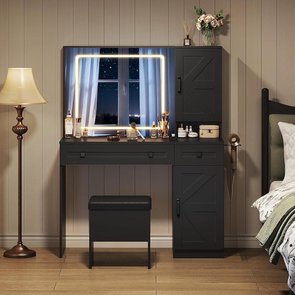 WLIVE Farmhouse Vanity Desk with LED Mirror & Stool, Black | Charging sta...