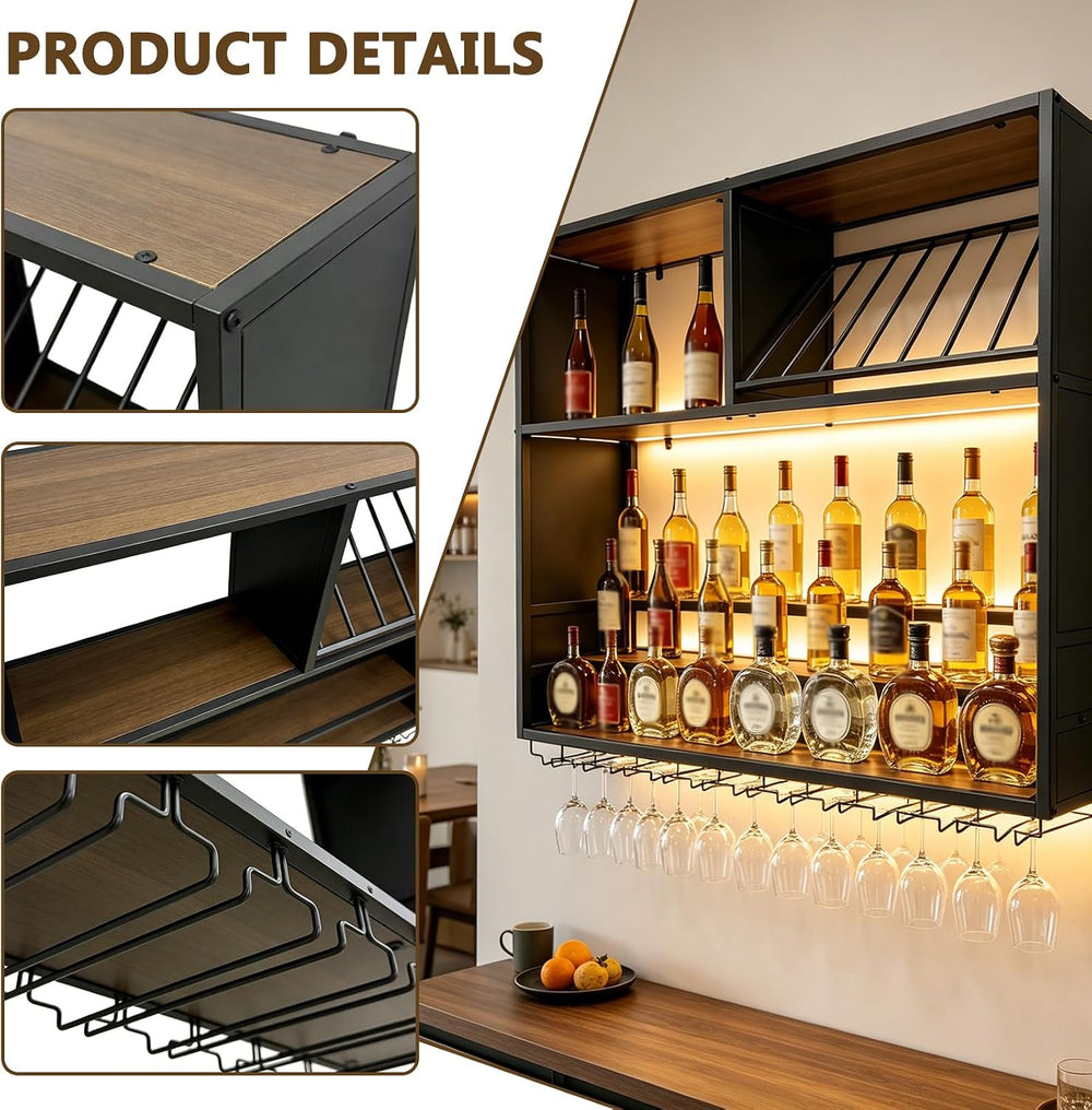 63in Large Wall Mounted Wine Rack with LED Lights, Metal & Wood Floating ...