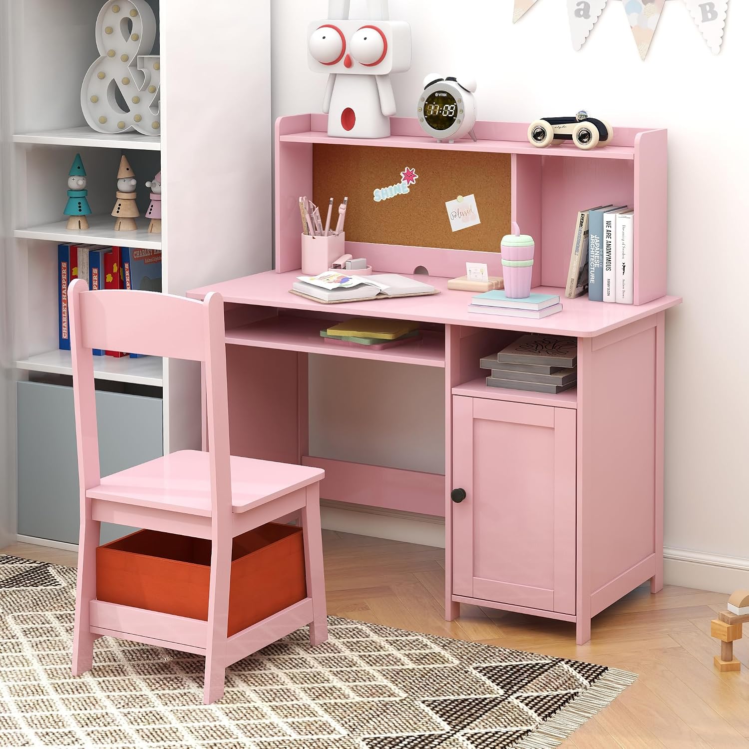 TaoHFE Pink Kids Desk and Chair Set, Kids Desk Chair with Storage and Shelf | Wooden Kids Table and Chairs for Bedroom and Study, Craft Table with Storage Gifts for Girls to Study