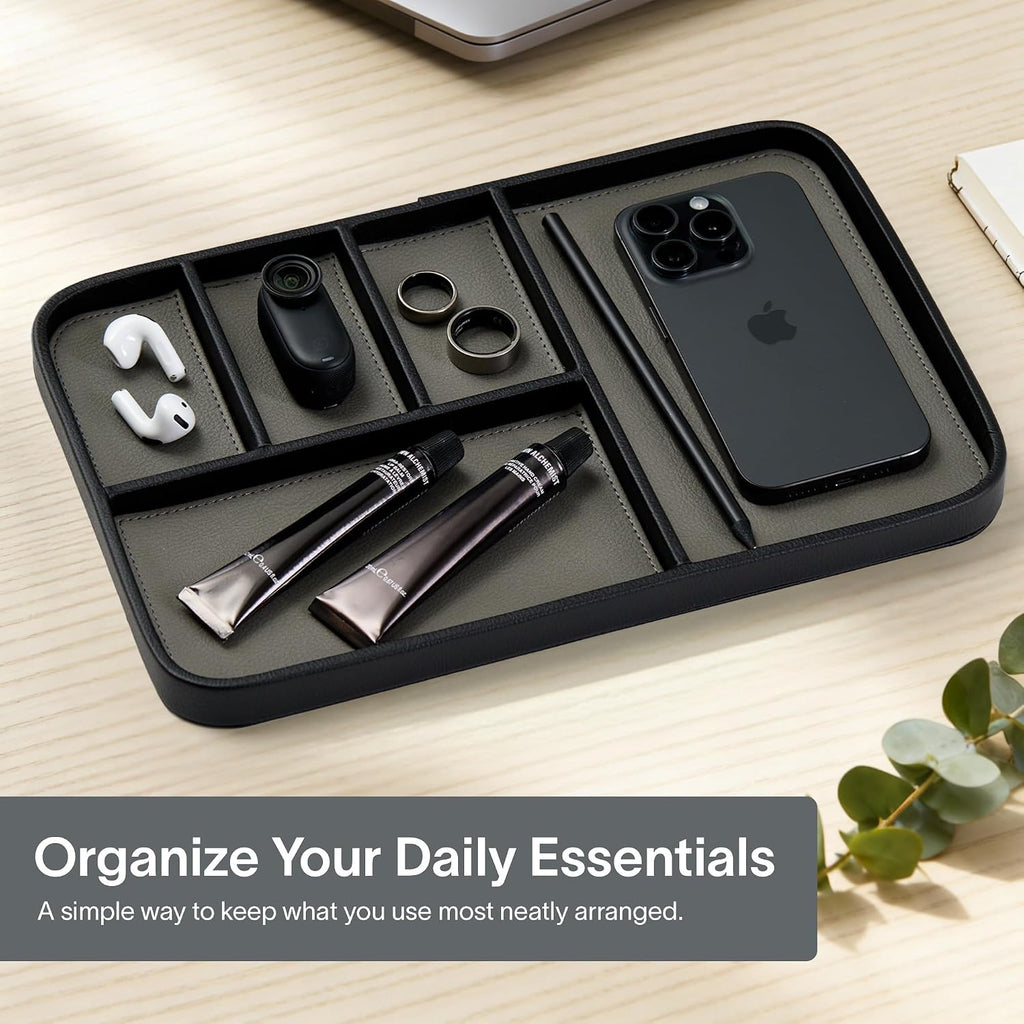 Nordik Leather Valet Tray - Large EDC Tray - Pebble Black (11.8 x 7.9 in) | Premium Vegan Leather with Two-Toned Design, Includes Five Compartments, Giftable, Catchall Tray for Keys Watch and Jewellery