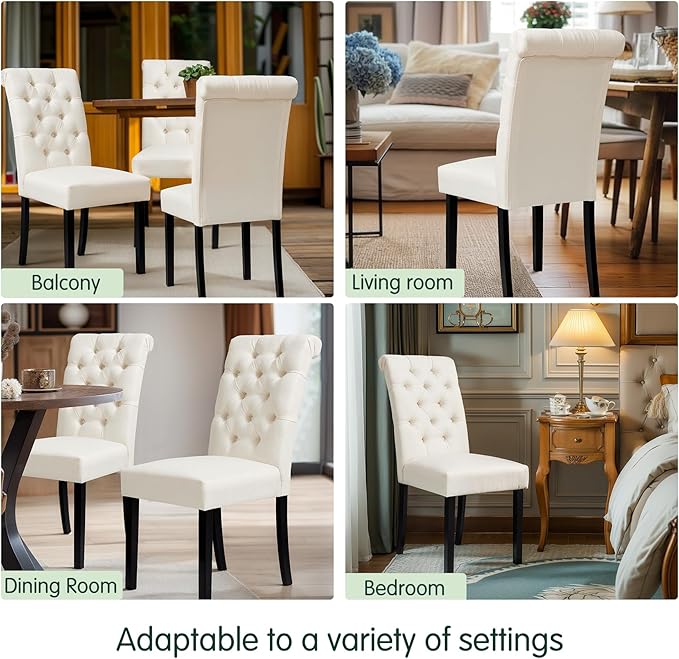 CHUN YI Dining Chairs Set of 6, Button Tufted Upholstered Fabric Dining Room Chairs with Solid Wood Legs and Curved Back, Parsons Side Chairs for Kitchen, Ivory White