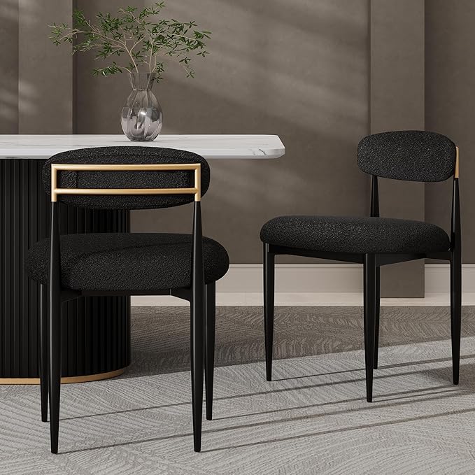 Morden Fort Black Modern Dining Chairs Set of 6, Boucle Upholstered Chairs with Curved Backrest and Sturdy Metal Legs for Dining Room, Kitchen, Living Room and Apartment