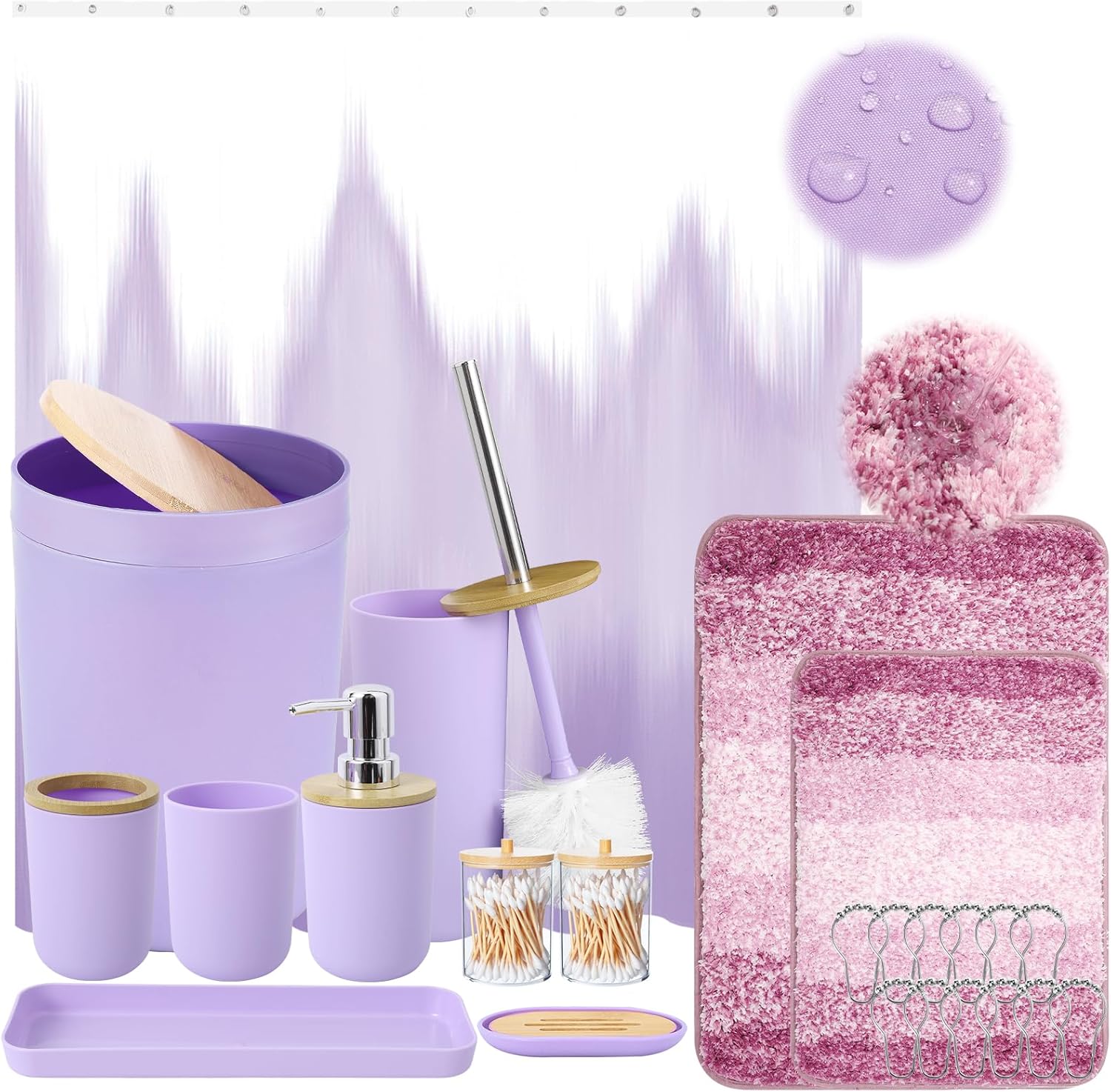 iMucci Bathroom Accessories Light Purple Bathroom Sets with Shower Curtain and Rug, Light Purple Ombre Waterproof Shower Curtain with Ultra Absorbent Rug Bathroom Accessories Set for Home