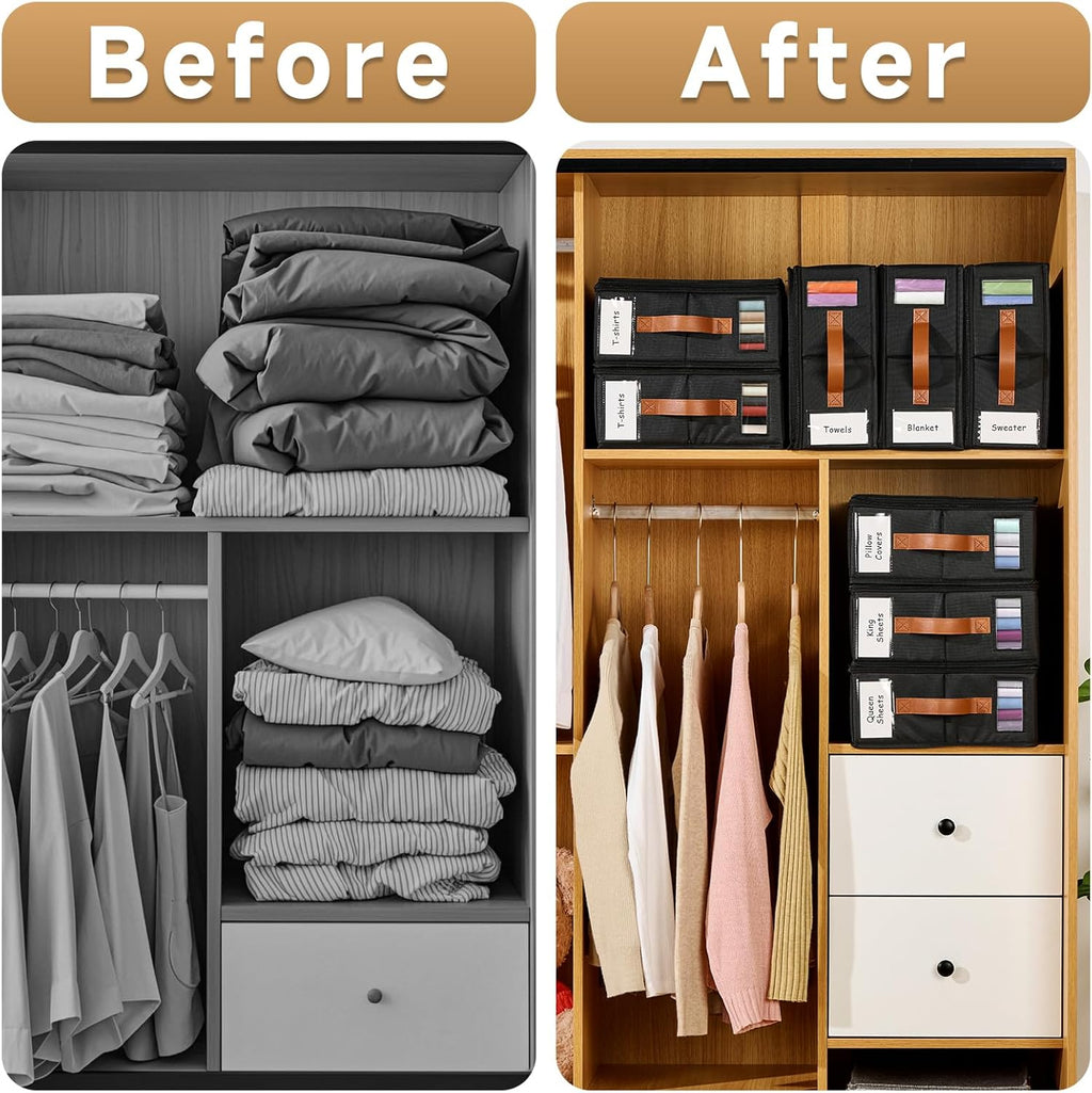 6pack Bed Sheet Organizer, Foldable Linen Closet Organizers and Storage with Sealed Design, Queen & King Size Sheet Storage with Window, Closet Organizer for Bedsheets/Blankets/Clothes, Black