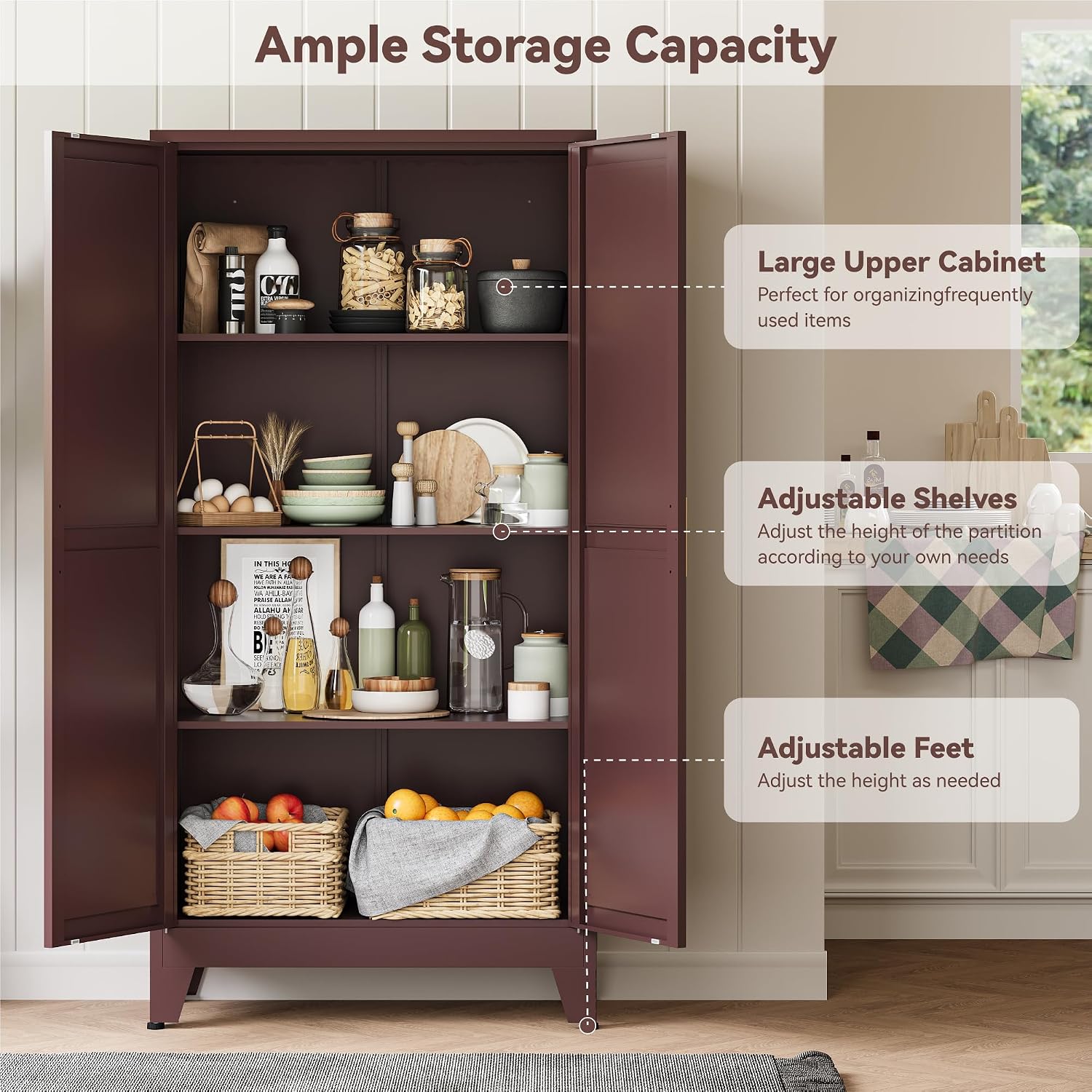 Baborokic 61H Metal Storage Cabinet with 2 Doors and Adjustable Shelves,Farmhouse Storage Cabinet with Barn Doors,Pantry Storage for Home,Office,Dining Room,Kitchen(Burgundy)