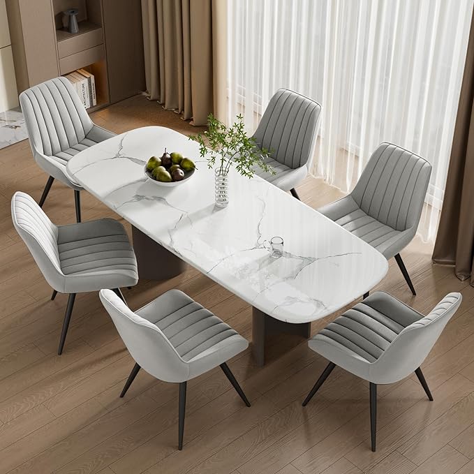 Dining Chairs Set of 6, Mid Century Modern Kitchen Chairs with Soft Cushion, Comfortable Upholstered Fabric Dining Room Chair for Kitchen, Light Grey