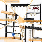 DreamGenius Jewelry Organizer Stand with Velvet Ring Holder, 4 Tier Jewelry Holder Organizer with 11 Hooks for Necklaces and 132 Holes for Earrings, Black