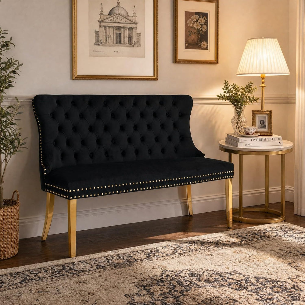 Velvet Dining Loveseat Bench with Wing Back, 2-Seat Tufted Bench with Gold St...
