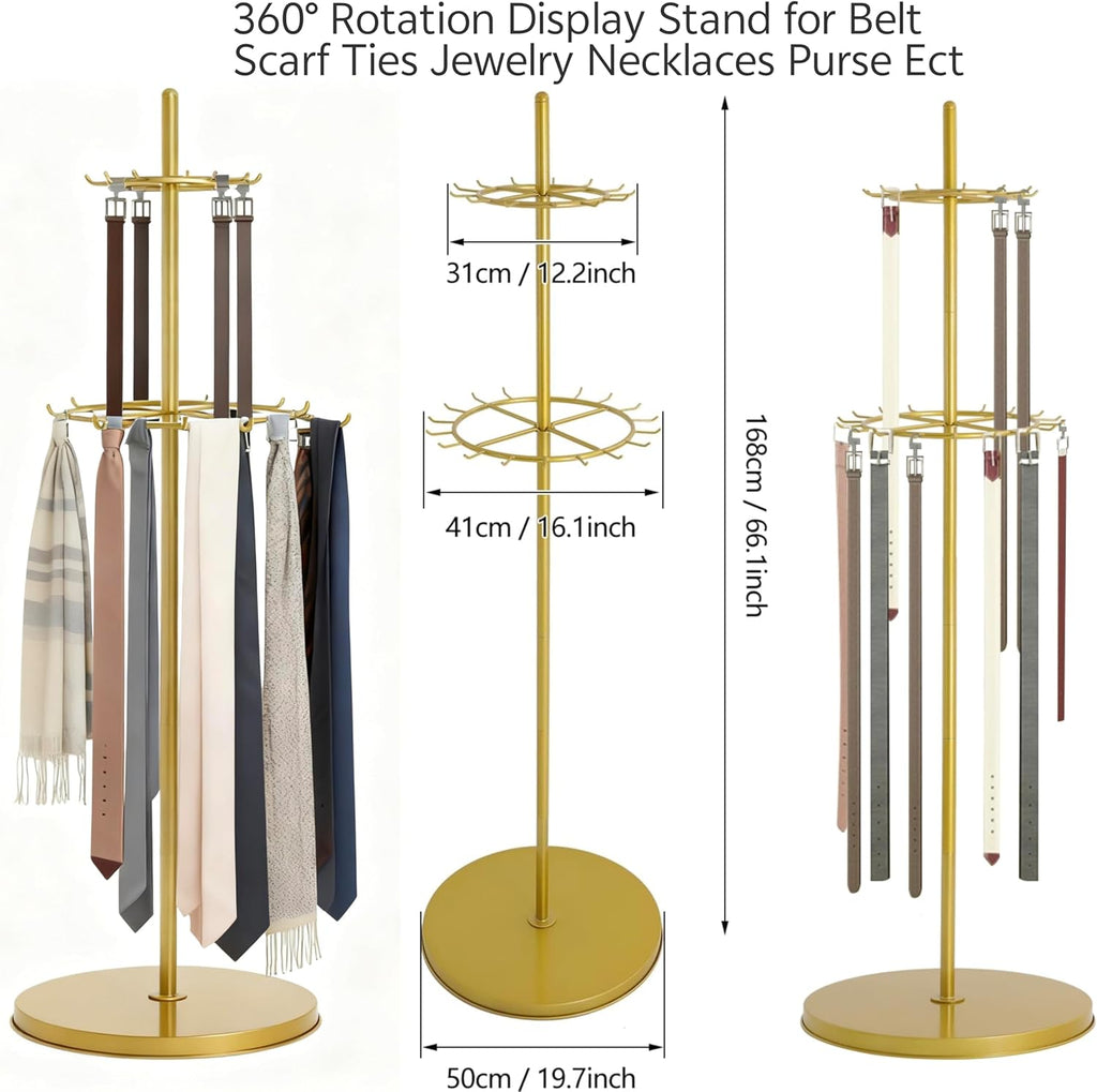 Gold Belt Display Scarf &Ties Rack Stand, 360° Rotation Floor Mounted Belt Hanger, Metal Men Closet Belt Organizer Holder Jewelry Necklaces Purse Hanger Shelf for Clothing Store Retail & Home