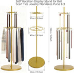 Gold Belt Display Scarf &Ties Rack Stand, 360° Rotation Floor Mounted Belt Hanger, Metal Men Closet Belt Organizer Holder Jewelry Necklaces Purse Hanger Shelf for Clothing Store Retail & Home