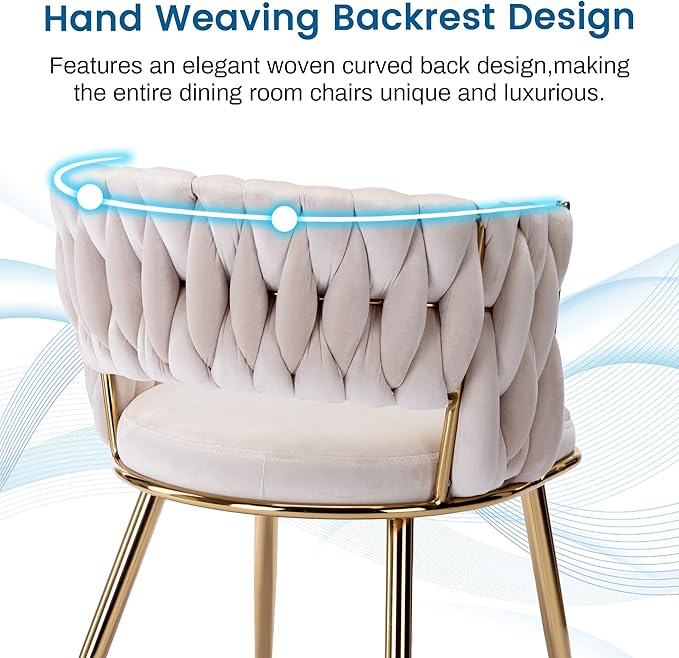 KCC Modern Velvet Dining Chairs Set of 2, Upholstered Living Room Chair with Woven Back and Golden Metal Legs, Mid-Century Accent Side Chair for Living Dining Room, Kitchen, Beige