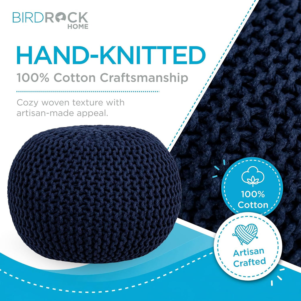 BIRDROCK HOME Round Pouf Ottoman Foot Rest - 18.5”x18.5”x15” Boho Compact Comfortable Soft Cotton Braided Foot Stool with Bean Bag Filling for Living Room, Bedroom, or Nursery (Navy)