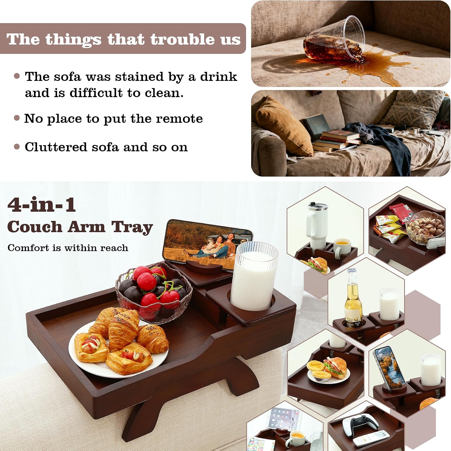 GHKINMAL Couch Cup Holder Tray, 15.4"x9.9" Large 4 in 1 Couch Armrest Table with 360°Rotated Phone Holder, Non-Slip Clip on Side Table for Drinks/Remote/Snacks, Ideal Gift for Husband, Wife, Parents