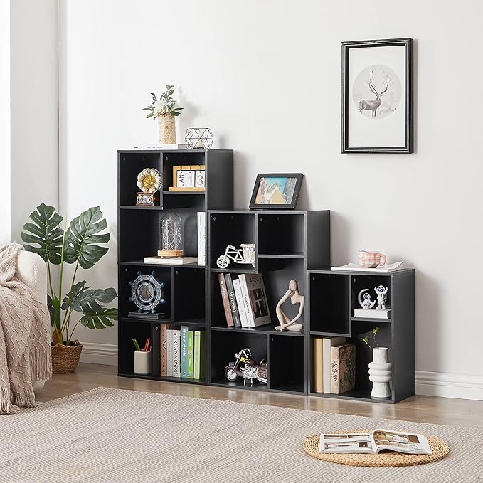 VECELO 3-Cube Small Bookshelf, Modern Bookcases with Shelves Height Up to 12.8 Inches, Suit for Common Size Textbook, Vertical or Horizontal, Cubby Storage Organizer,Vintage Black