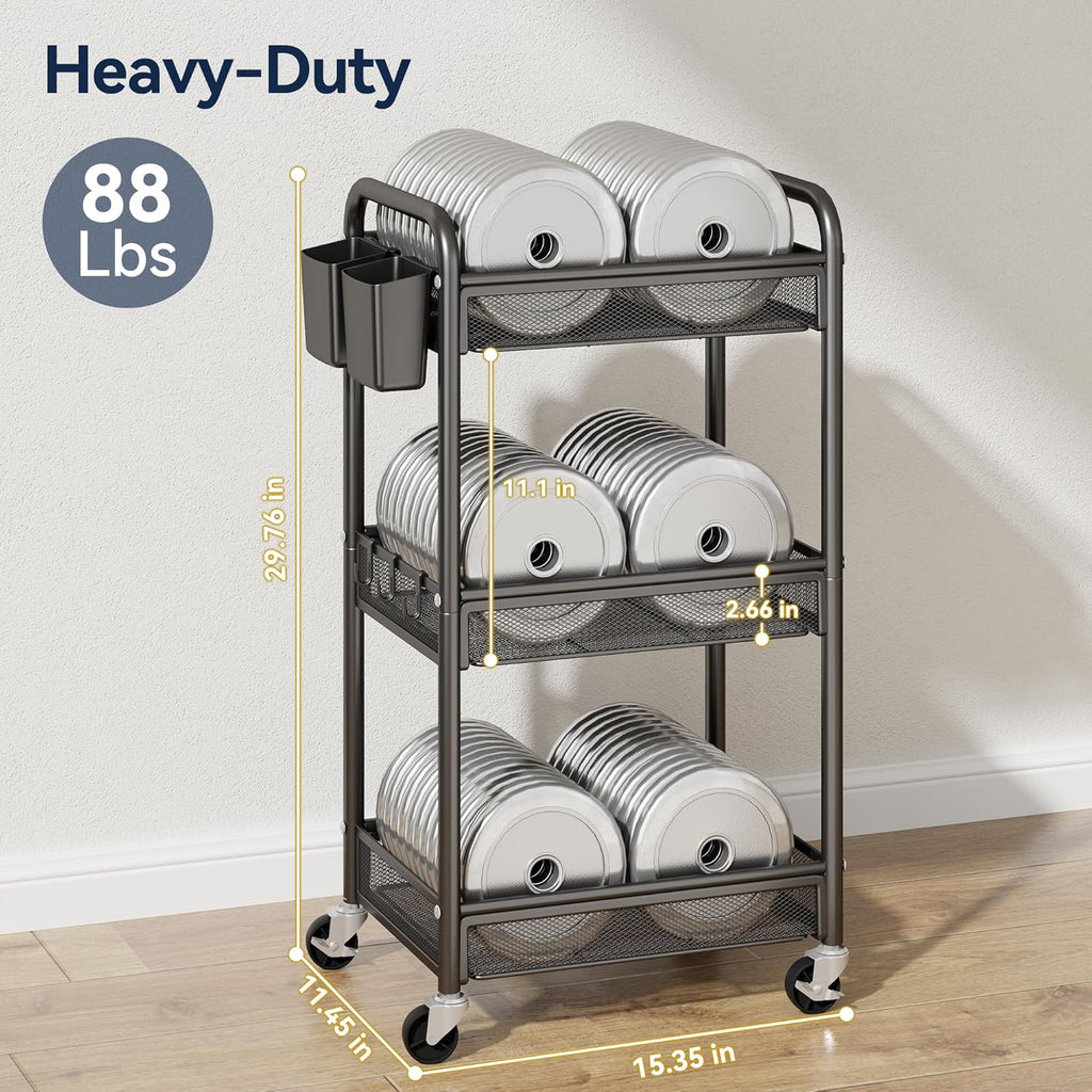 YASONIC 3 Tier Rolling Cart – Metal Utility Storage Carts with Wheels, Craft Cart Organizer with Hanging Cups, Hooks, Mesh Basket for Bedside Kitchen Office Art, Black