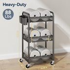YASONIC 3 Tier Rolling Cart – Metal Utility Storage Carts with Wheels, Craft Cart Organizer with Hanging Cups, Hooks, Mesh Basket for Bedside Kitchen Office Art, Black
