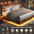 Feonase Floating Bed Frame King with Led Lights and Charging Station, Wood Full Size Bed Frame with Storage Headboard, Heavy Duty Metal Slats, No Box Spring Needed, Easy Assembly,Vintage Brown