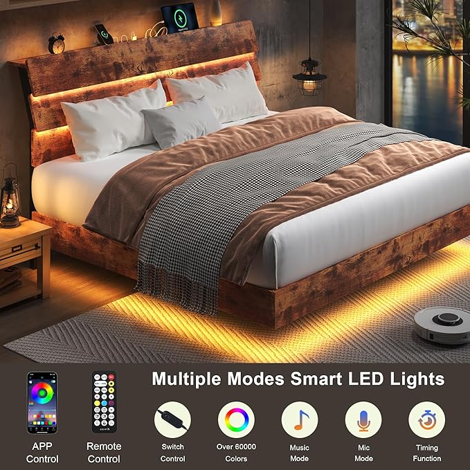 Feonase Floating Bed Frame King with Led Lights and Charging Station, Wood Full Size Bed Frame with Storage Headboard, Heavy Duty Metal Slats, No Box Spring Needed, Easy Assembly,Vintage Brown