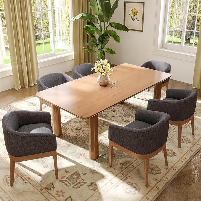 Mid-Century Modern Charcoal Dining Chairs Set of 2, Linen Upholstered Kitchen Dining Room Chairs with Wood Legs, Curved Backrest Armchairs, Charcoal