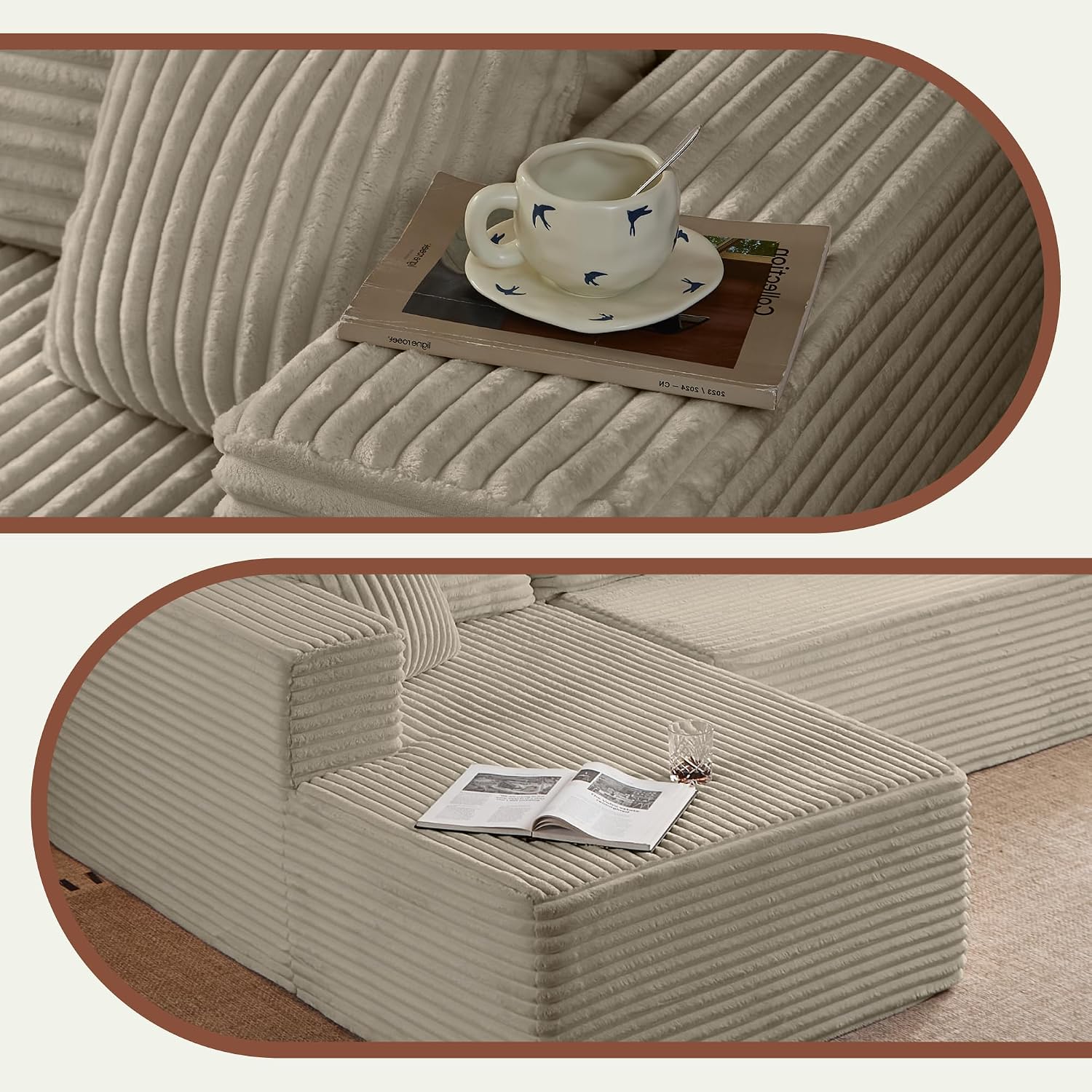 107" Oversized Boneless Couch, Left-Facing Modular Sectional Sofa | All Foam Floor Sofa with Deep Seat Chaise, Fluffy Corduroy Modern Couch No Assembly, Flexible Combination for Home | Oatmeal