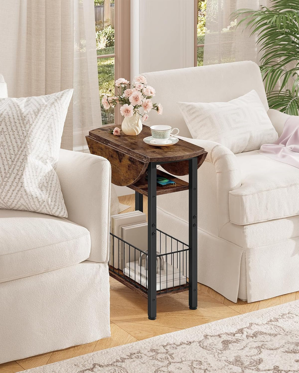 Folding Side Table with Charging Station, 3-Tier Narrow End Couch Table with ...