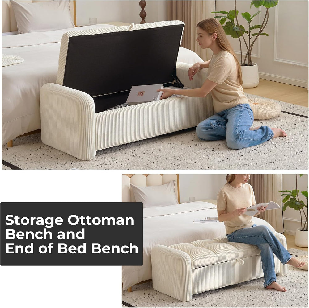 Oversized Corduroy Ottoman Bench with Storage, Upholstered End of Bed Bench f...