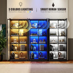 Display Cabinet with Adjustable Shelves, 65" Tall Bookcase with LED Lights/Human Sensor, 5 Tier Display Case for Collectibles Bedroom Living Room Office, Black - Transparent Acrylic Doors
