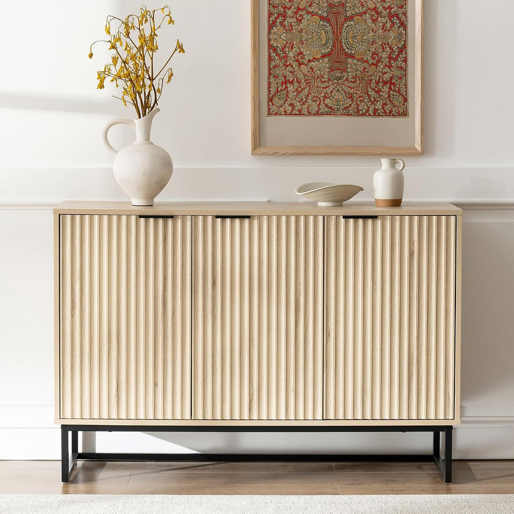 Fluted Storage Cabinet with 3 Doors, Sideboard Buffet Cabinets with Adjustabl...