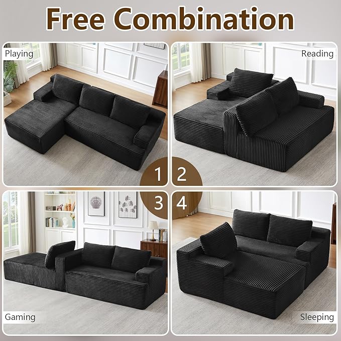 96" Modular Sectional Sofa Couches L-Shape Couch 3 Seat Modular Sofa Corduroy Memory Foam Sectional Boneless Couches for Living Room, Cloud Couch with Oversized Chaise(Black, Left Facing)