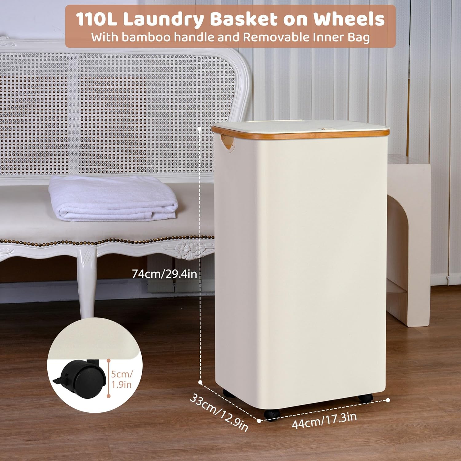 Laundry Basket with Wheels, 110L Beige Clothes Hamper for Laundry, Laundry Hamper with Lid and Inner Bag, for Laundry Room, Bedroom, Dormitory Storage,Beige