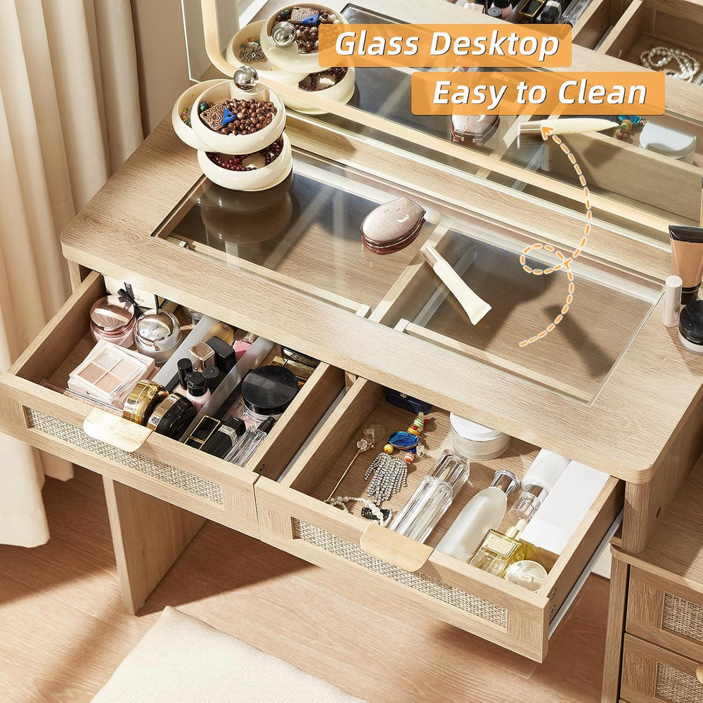 LEYAOYAO Rattan Makeup Vanity Desk with Stool, Mirror and Lights | Power Outl...