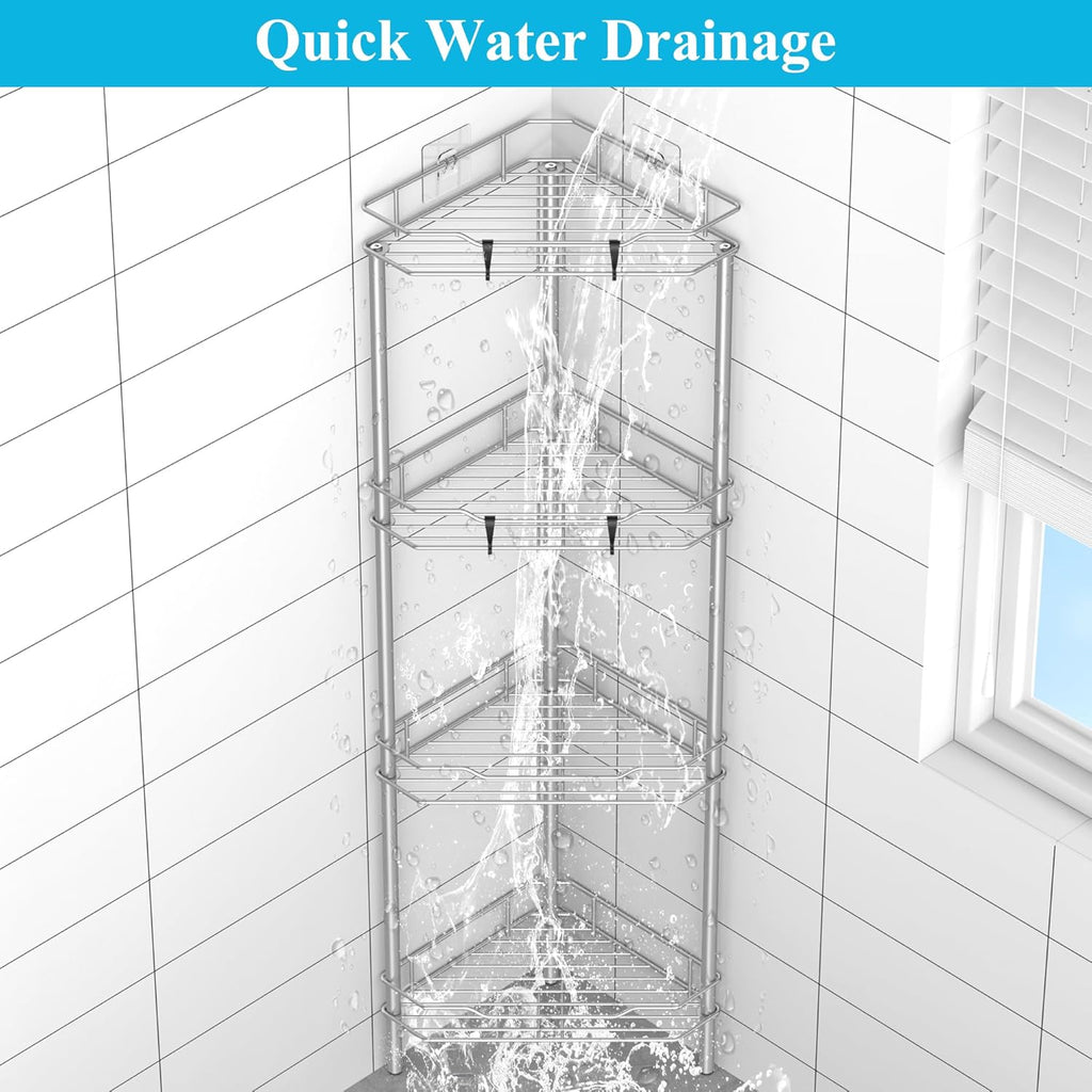 4 Tier Floor Standing Corner Shower Caddy Organizer Shelf with Hooks, Bathroom Shelves Stand Rack, Gray