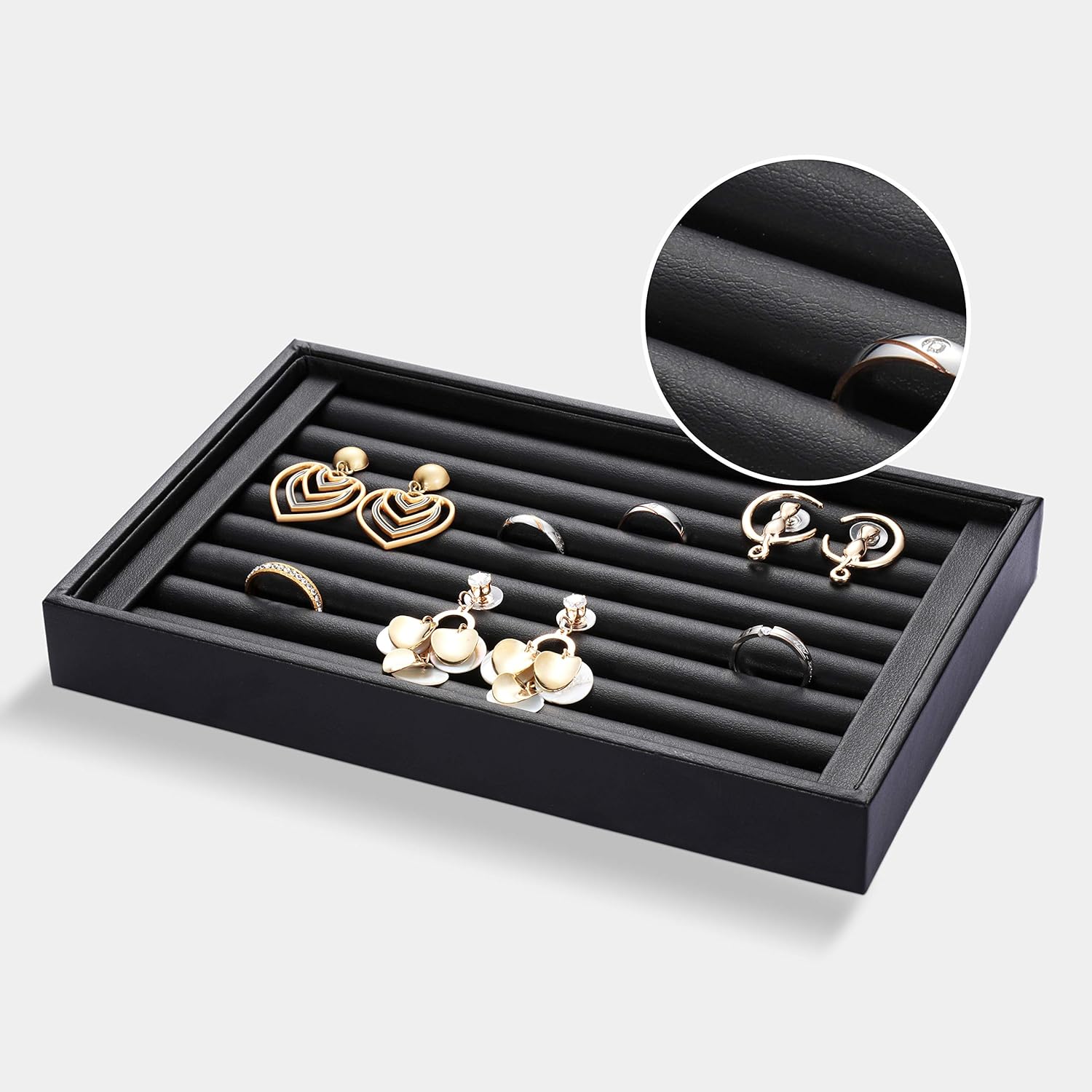 Velvet 7 Slots Ring Earrings Trays Showcase Display Jewelry Organizer (PU Leather)