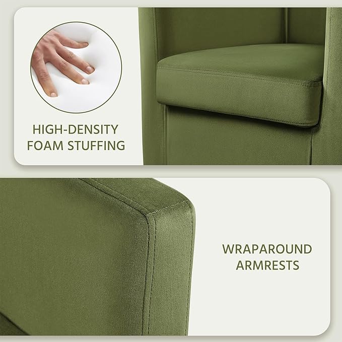 Yaheetech Velvet Accent Chair, Modern and Comfortable Armchairs, Upholstered Barrel Sofa Chair for Living Room Bedroom Waiting Room, Olive Green, 2pcs