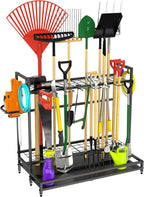 Garden Tool Organizer for Garage, Yard Tool Rack, Holds Up to 64 Long-Handled Tools, Black Metal Garden Tools Rack Storage with Hooks for Yard Shed Garage Organization