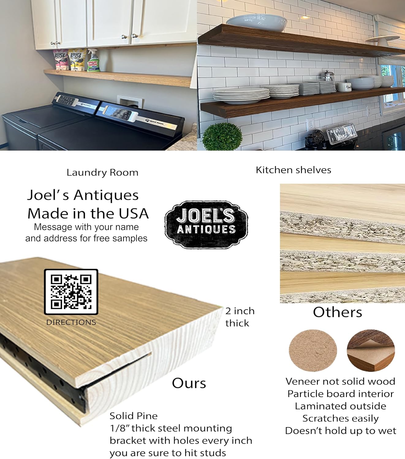 joelsantiques 42 Inch Wooden Floating Shelves for Wall - 42x8x2 in - Made of Natural Wood - Heavy Duty Rustic Wall Shelves Made in USA - Perfect for Living Room, Kitchen - Beige