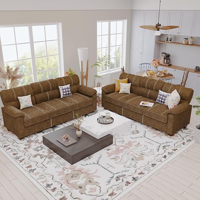 80 Inch Brown Faux Leather Sofa Couch (2 Sets) - Wide Armrests with 2 Pillows, Deep Seats, Contrast Stitching, 3 Seater Leather Couches for Living Room, Bedroom, Apartment