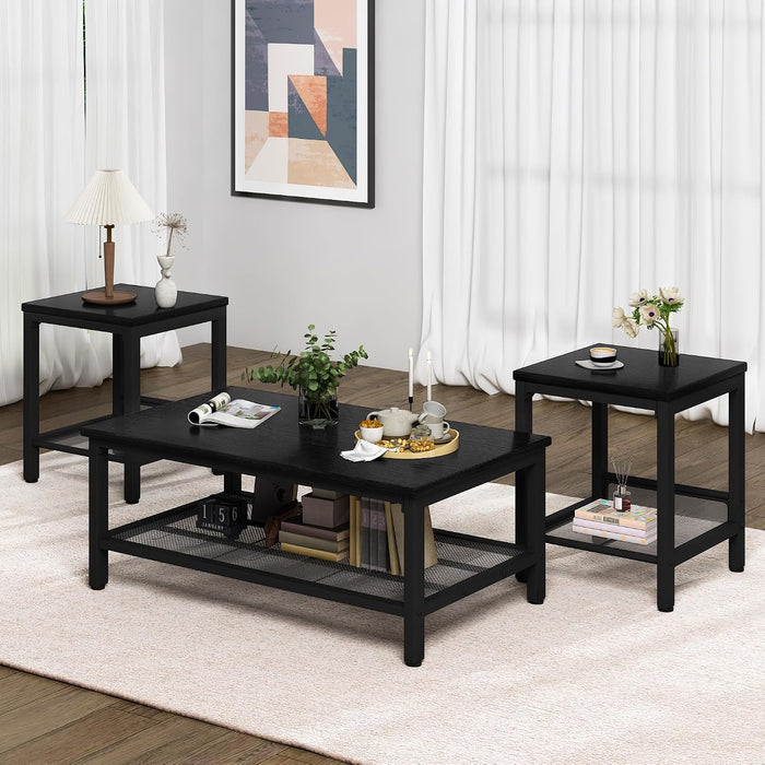 furlinkhm Coffee Table Set of 3, Industrial Coffee Table with 2 Square End Side Tables, Modern Living Room Table Set, with Metal Frame, for Apartment Home Office, Black