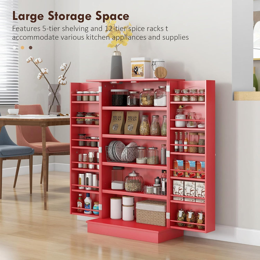 41" Kitchen Pantry Storage Cabinet, Red, with Double Doors, 12 Interior ...
