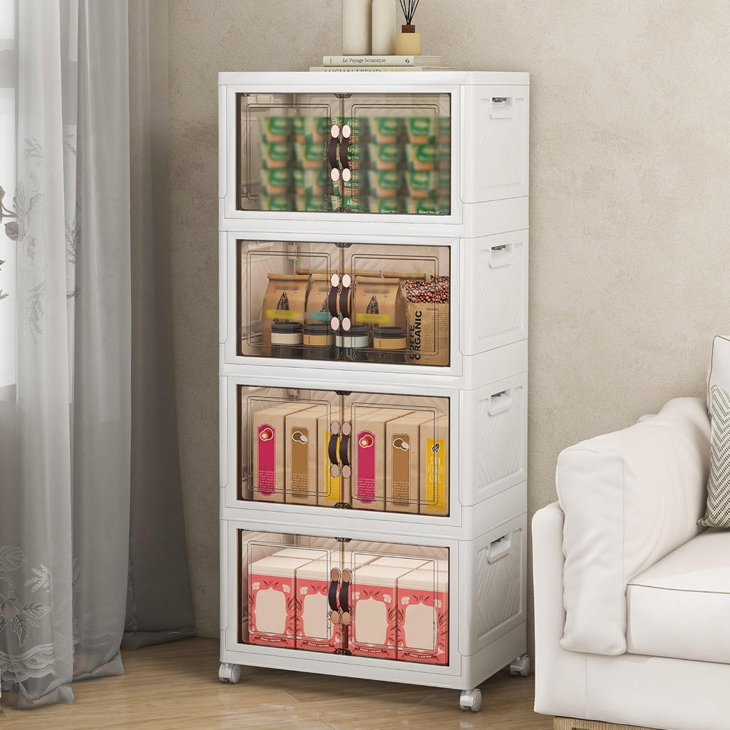 Storage Bins with Lids and Wheels, Collapsible Bathroom Storage Cabinet with Clear Doors, Plastic Stackable Closet Organizers and Storage Containers White 180 QT