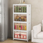Storage Bins with Lids and Wheels, Collapsible Bathroom Storage Cabinet with Clear Doors, Plastic Stackable Closet Organizers and Storage Containers White 180 QT