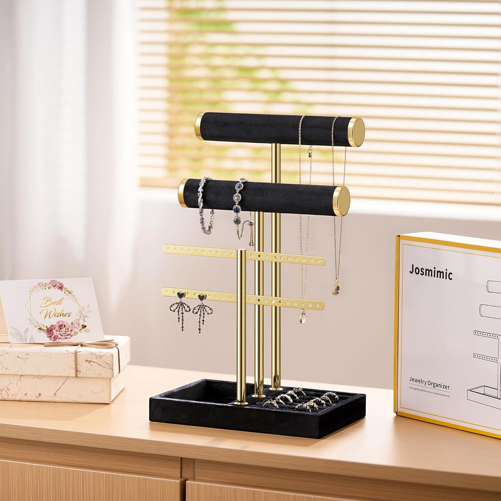 Bracelet Holder Jewelry Organizer Display - 3 Tier T Bar Velvet Stand, Black Jewelry Storage for Bracelet, Necklaces, Earrings, Rings, Watches
