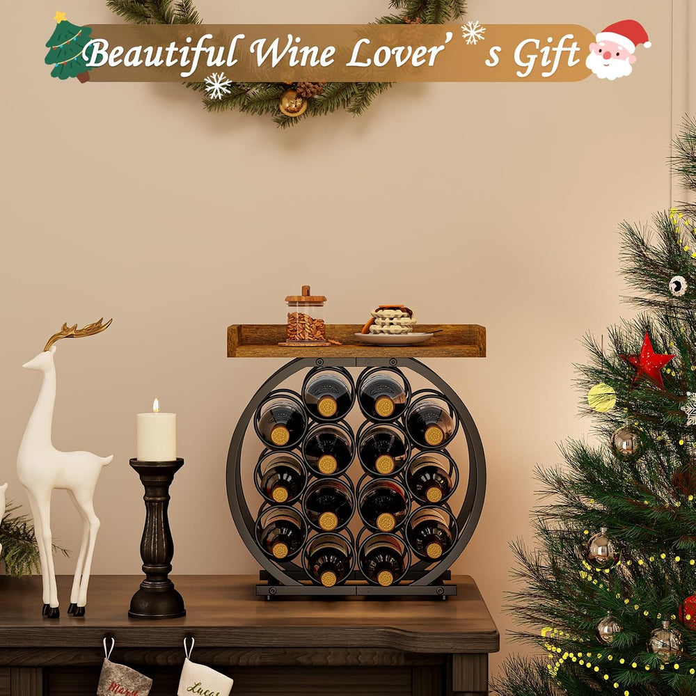 X-cosrack 14-Bottle Countertop Wine Rack with Wooden Tabletop, Freestanding R...