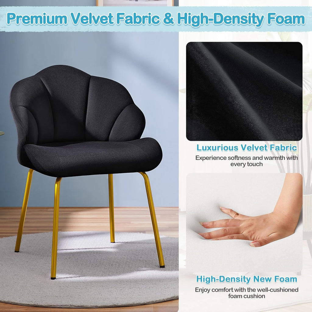 Yaheetech Flower Shape Vanity Chair with Petal Armrests, Black | Velvet Makeup Chair no Wheels with Golden Metal Legs, Modern Side Armchair with Back for Living Room/Bedroom/Home Office