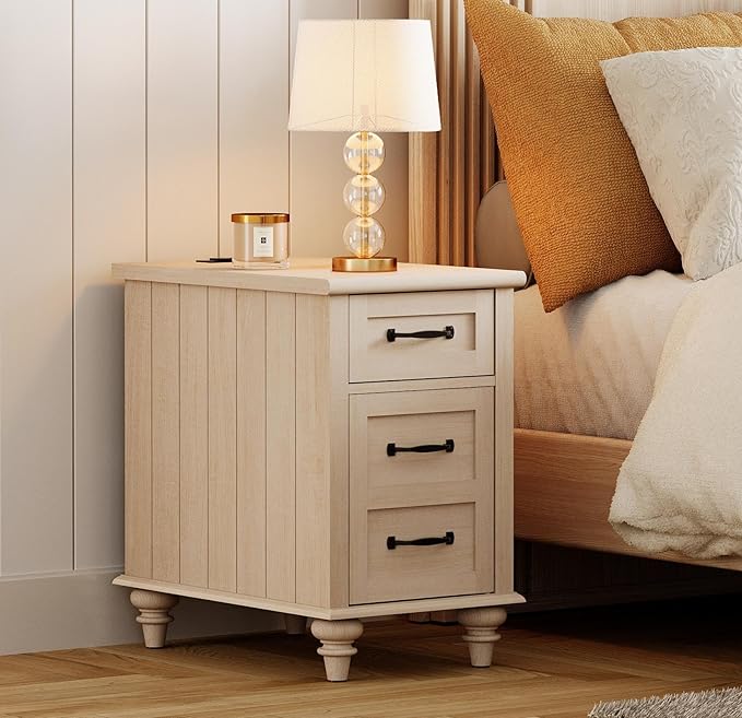 WAMPAT Beige End Table with Charging Station, Wooden Side Table with Storage ...